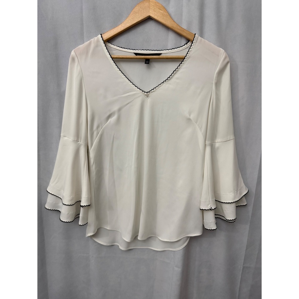 White House Black Market Bell Sleeve Ric Rac Trim V-Neck Blouse White Size 2